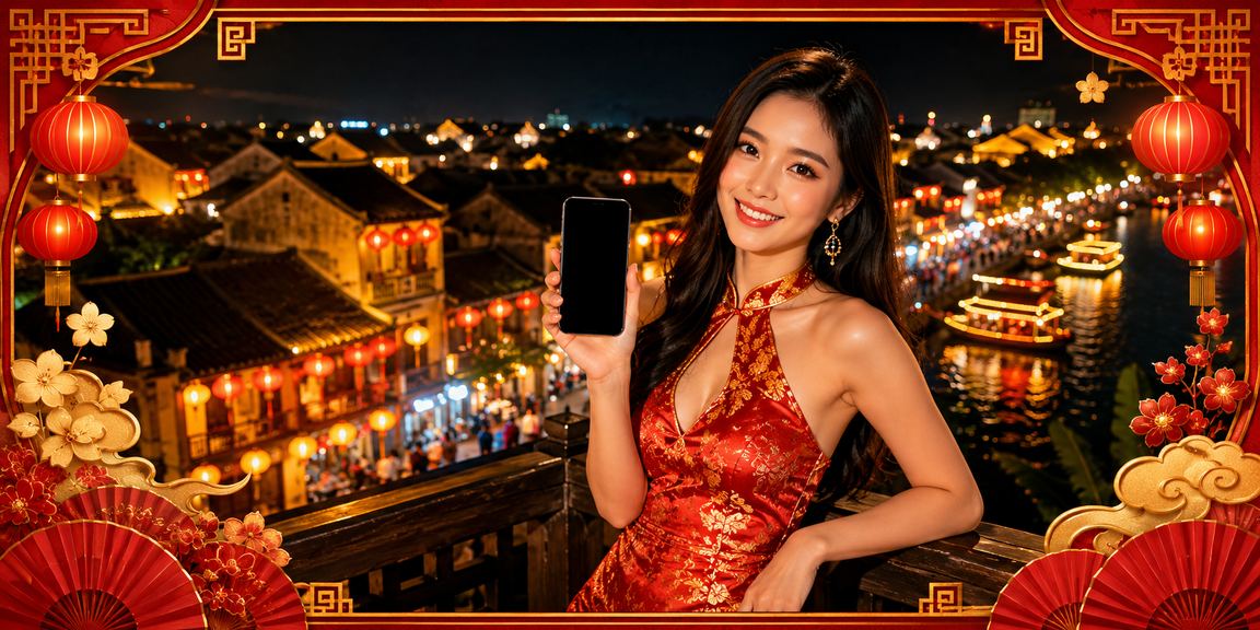 Người dùng trải nghiệm casino di động dưới ánh đèn lồng Hội An về đêm