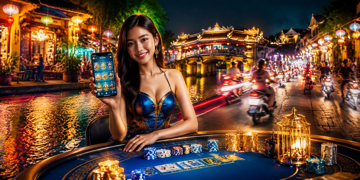 Người dùng dùng điện thoại xem phân tích cá cược tại chợ đêm Hội An
